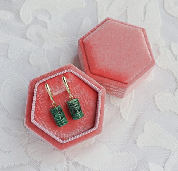 Carved Jade Barrel 14K Lever Back Earrings