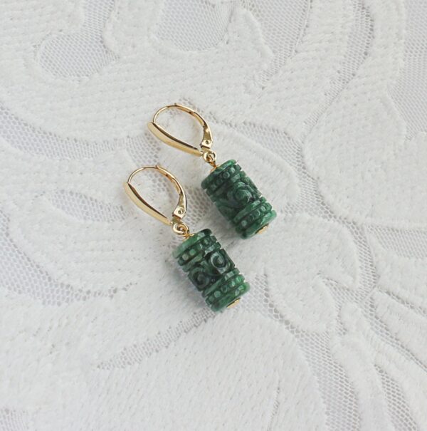 Carved Jade Barrel 14K Lever Back Earrings