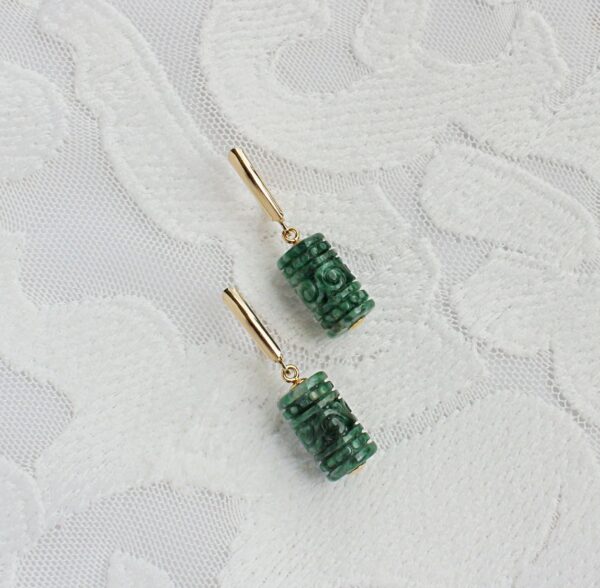 Carved Jade Barrel 14K Lever Back Earrings