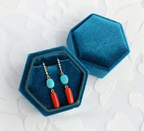 Italian Coral, Turquoise & Diamonds 14K Solid Gold Earrings