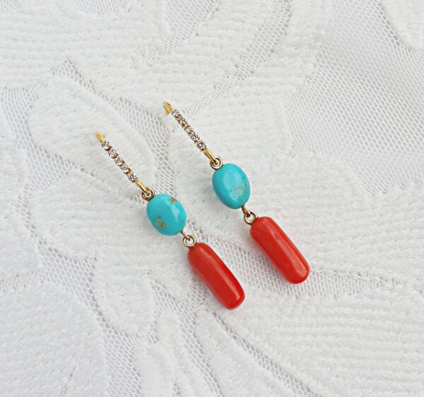 Italian Coral, Turquoise & Diamonds 14K Solid Gold Earrings