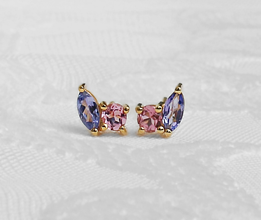 Tanzanite & Pink Tourmaline 14K Solid Gold Toi Et Moi Earstuds