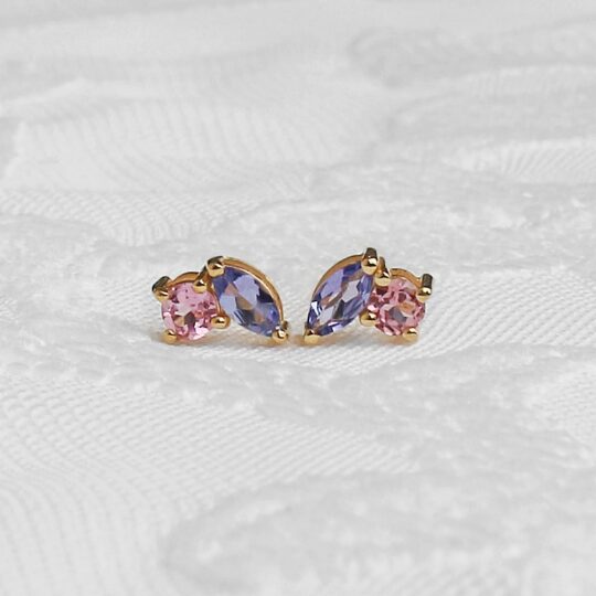 Tanzanite & Pink Tourmaline 14K Solid Gold Toi Et Moi Earstuds