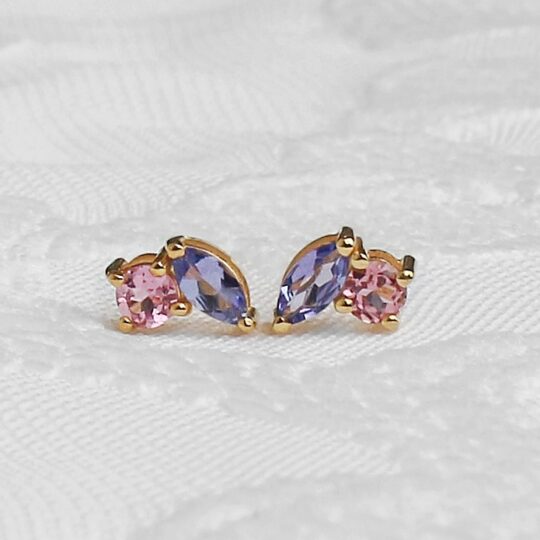 Tanzanite & Pink Tourmaline 14K Solid Gold Toi Et Moi Earstuds