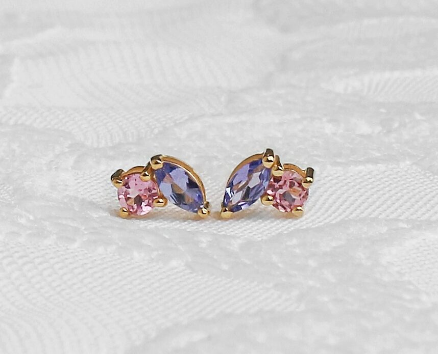Tanzanite & Pink Tourmaline 14K Solid Gold Toi Et Moi Earstuds