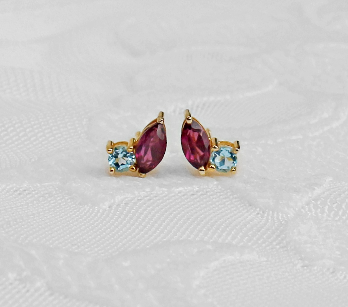 Garnet & Blue Topaz 14K Solid Gold Toi Et Moi Earstuds