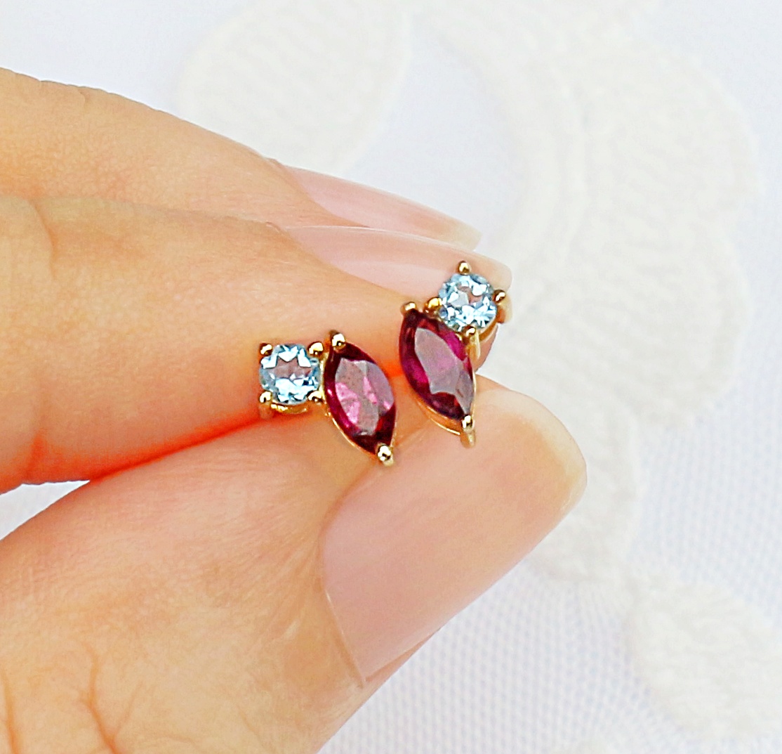 Garnet & Blue Topaz 14K Solid Gold Toi Et Moi Earstuds