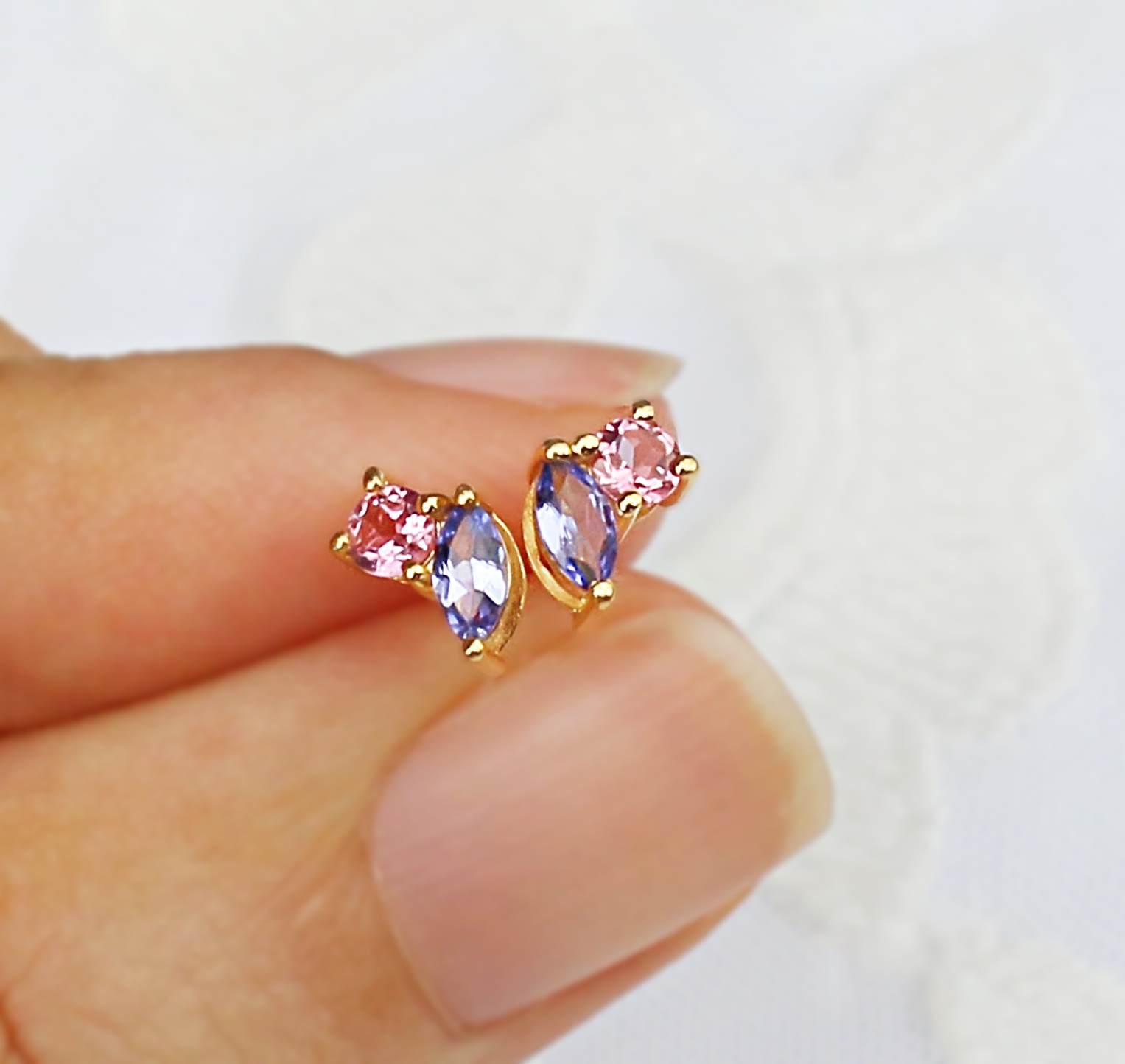 Tanzanite & Pink Tourmaline 14K Solid Gold Toi Et Moi Earstuds