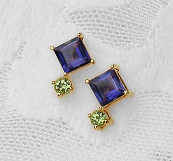 Iolite & Peridot 14K Solid Gold Toi Et Moi Earstuds